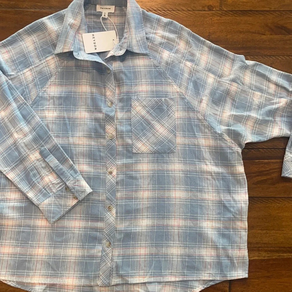 Heyson Lightweight Blue Plaid flannel Oversized Shirt size Small - Picture 4 of 16